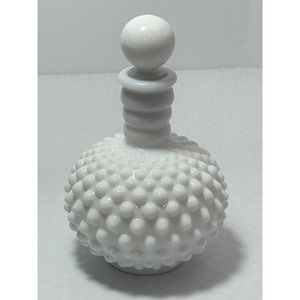 Vintage‎ White Milk Glass Perfume Bottle with Stopper and Cork Hobnail 6"